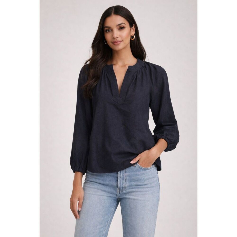 ANN MASHBURN‎ Wool Peasant Blouse Navy X-Small